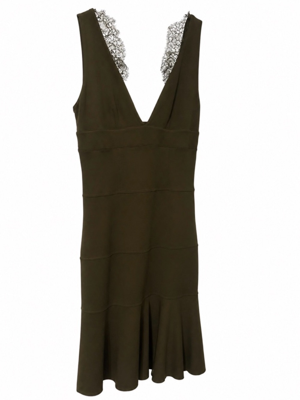 RED Valentino Olive Green V-Neck Midi Dress with Lace Trim